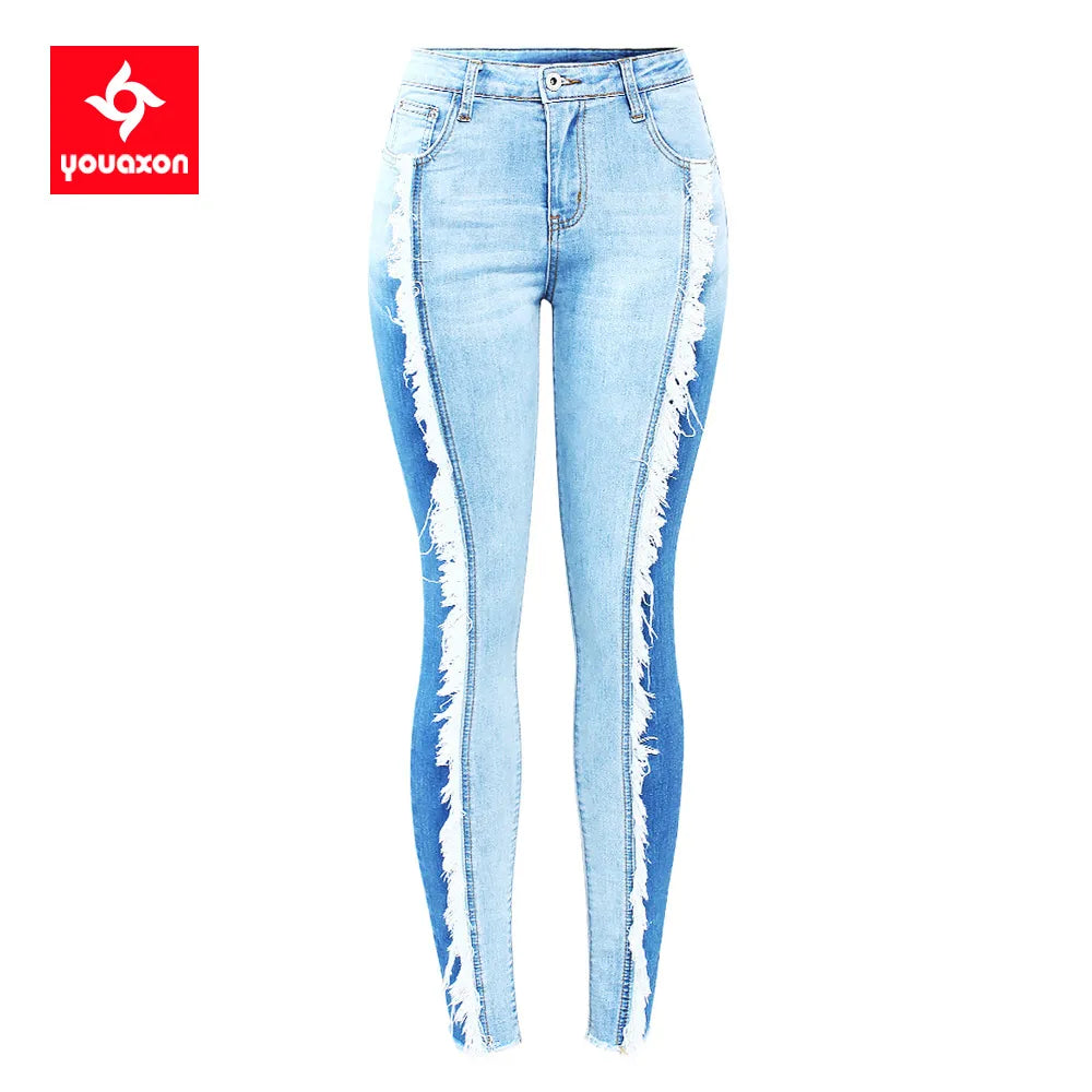 2158 Youaxon Tassel Jeans Woman Stretchy Patchwork Denim Skinny Pencil Pants Trousers For Women
