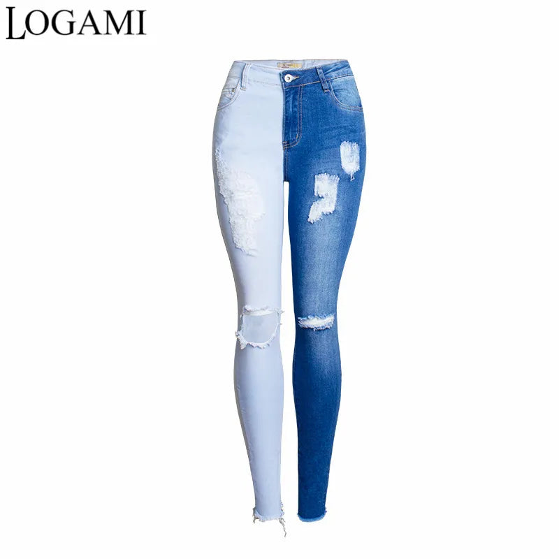 LOGAMI Skinny Ripped Jeans Woman 2021 Contrast Color Slim Jeans For Women Denim Pants