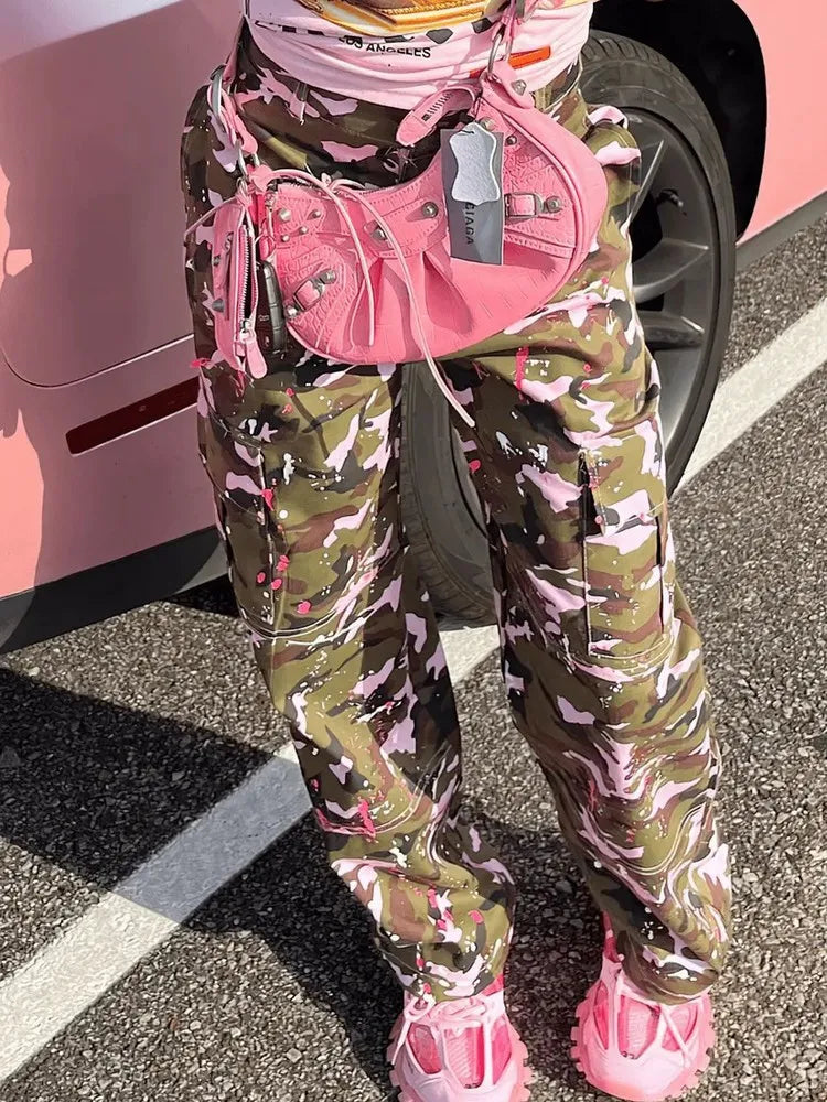 Pink Camouflage Military Cargo Long Pants For Women High Waist Button Fly Sweatpants with Multi Pockets Straight Wide Leg Pants