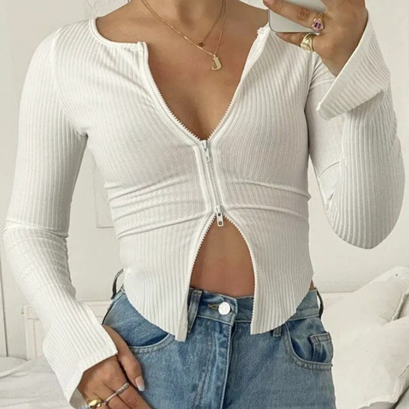 Women T-shirt Spring Autumn Clothes Ribbed Knitted Long Sleeve Crop Tops Zipper Design Tee Sexy Female Slim Black White Tops